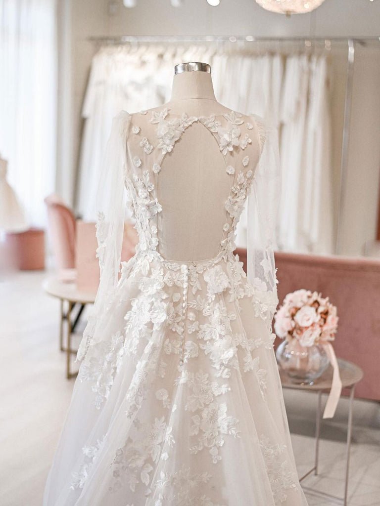 Luolandi A Line See Through Long Sleeve Lace Appliqued Beach Wedding Dresses Beautiful